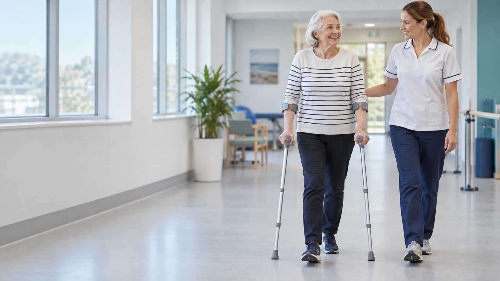 Physiotherapist supporting a patient walking with a frame during early hip replacement rehabilitation