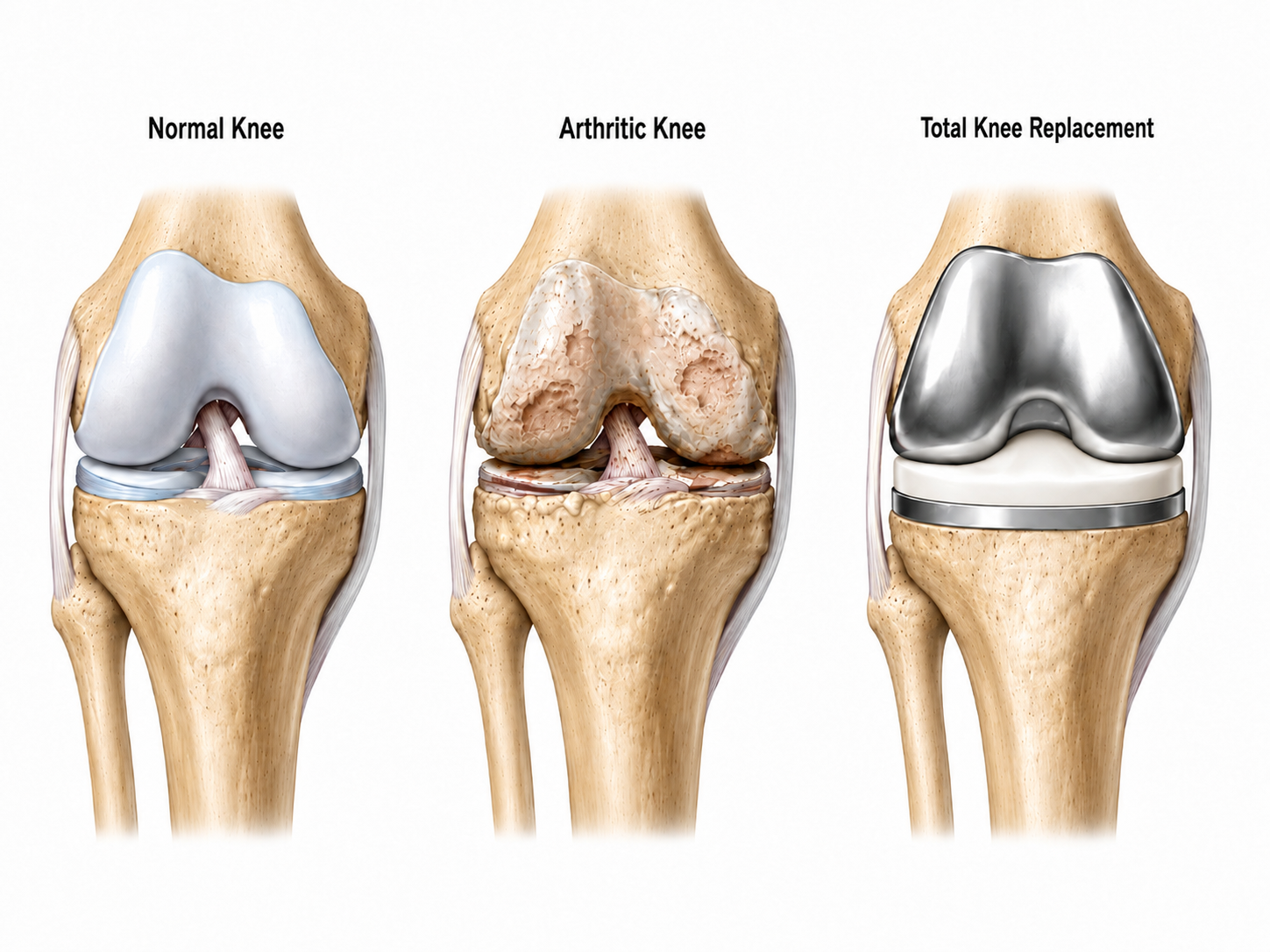 Normal knee, arthritic knee and total knee replacement compared, showing cartilage loss and the metal and plastic implant