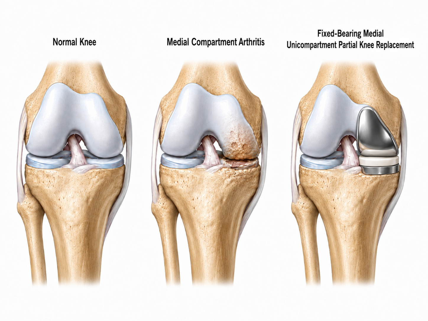 Normal knee, medial compartment arthritis, and a fixed-bearing medial partial knee replacement, compared side by side