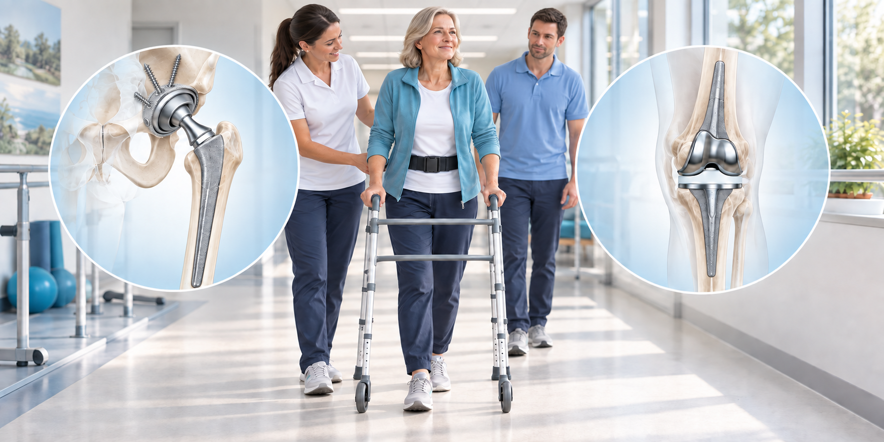Patient walking with forearm crutches during rehabilitation, with illustrations of revision hip and revision knee replacement implants.